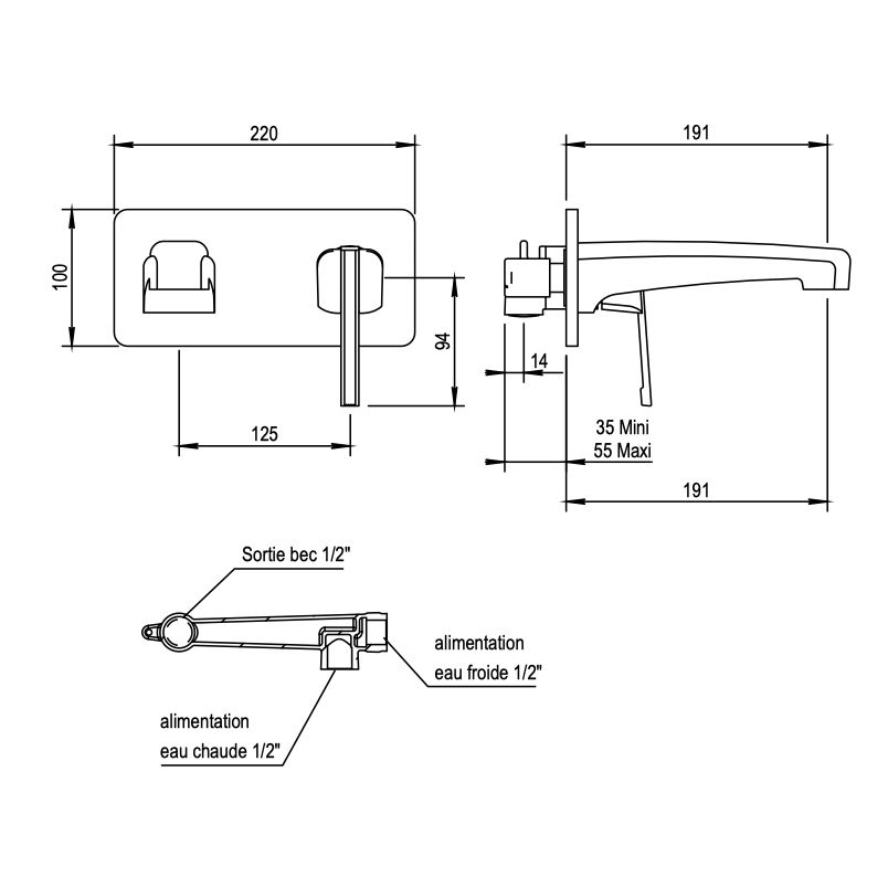 Vòi chậu lavabo 2 lỗ gắn tường cổ điển bằng đồng Zéphyr - 16763