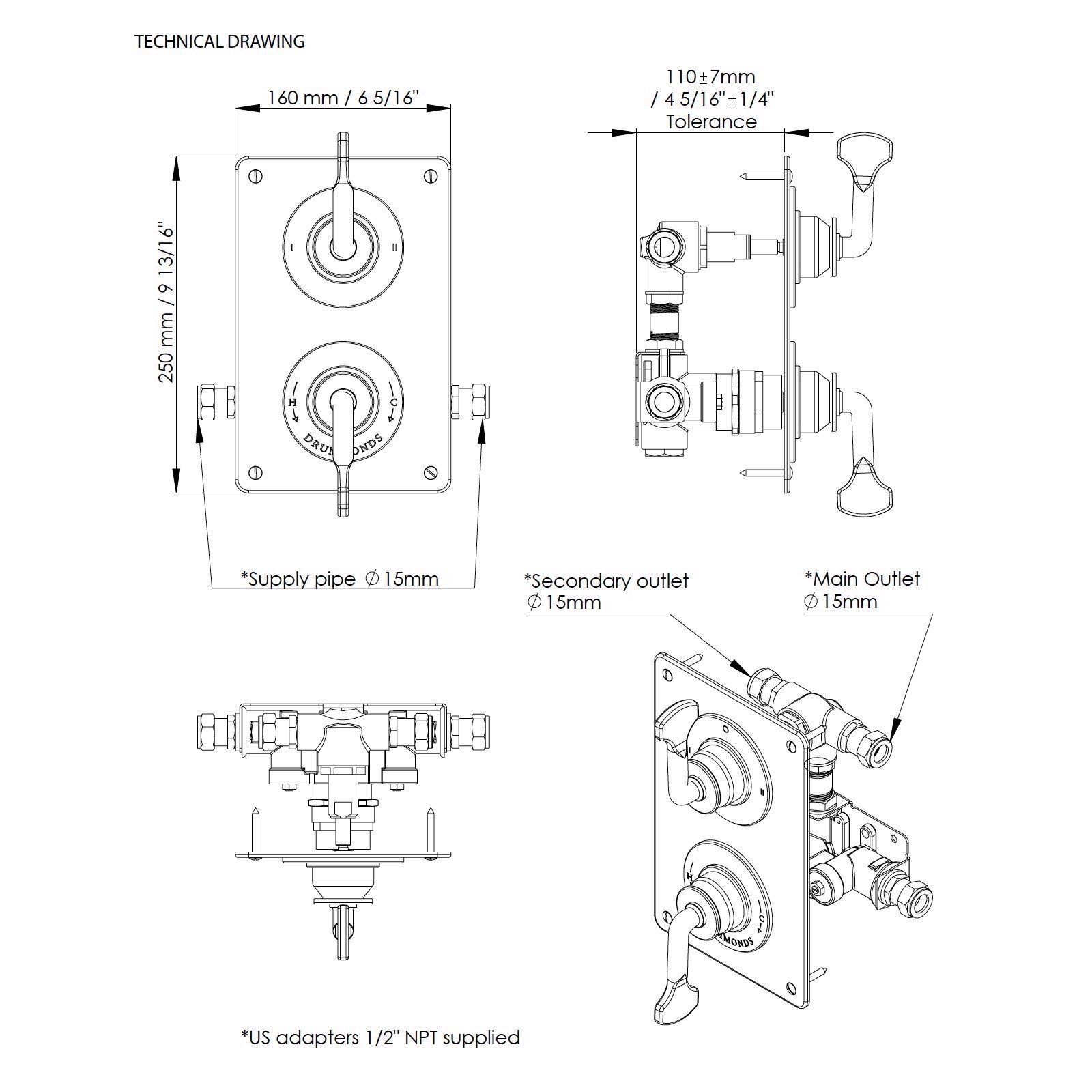  Vòi sen cây gắn tường điều chỉnh nhiệt độ cổ điển bằng đồng, bát sen Ø250 Drumlea - Shower Rose 