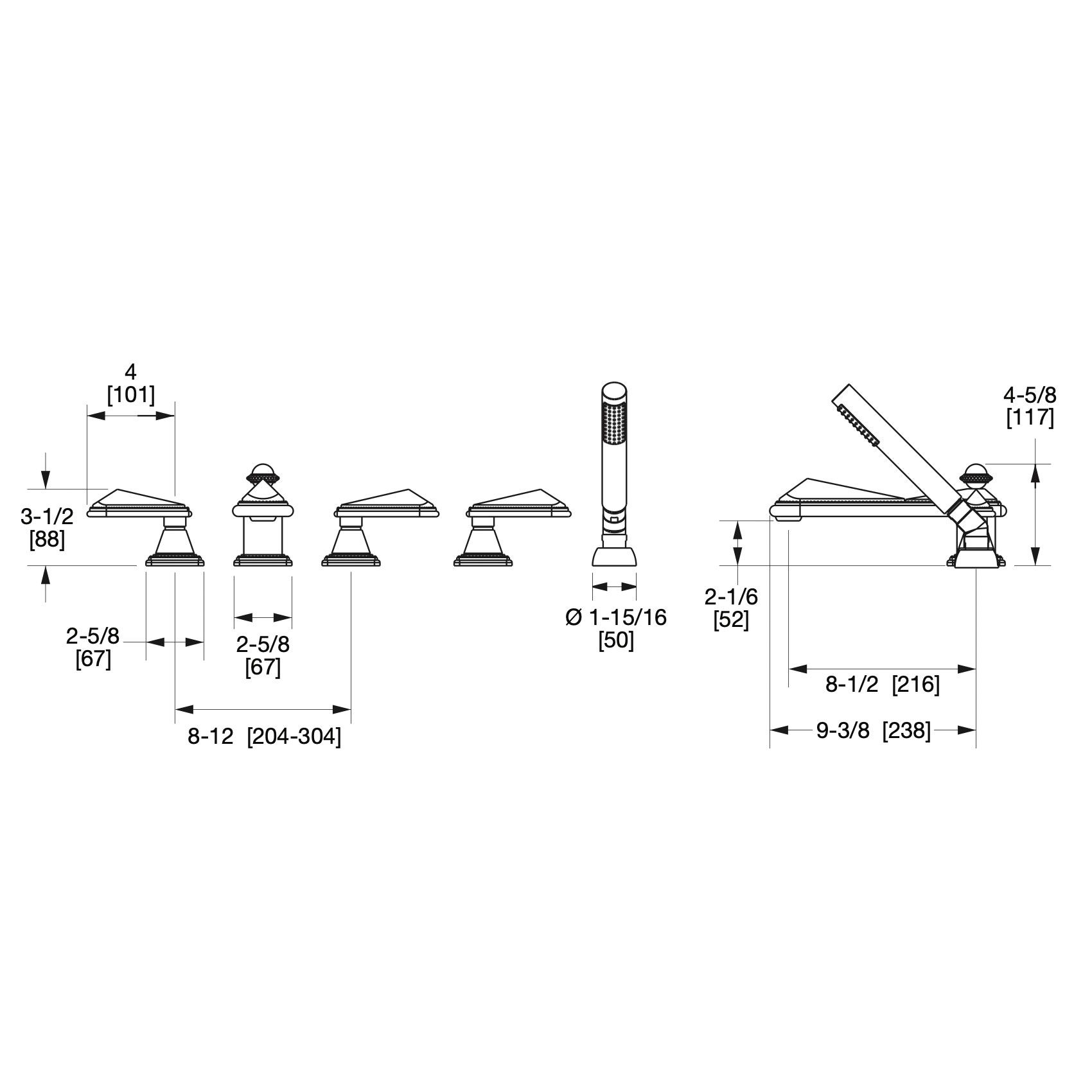 Vòi bồn tắm năm lỗ cổ điển Pyramid bằng đồng - 2050DTS803