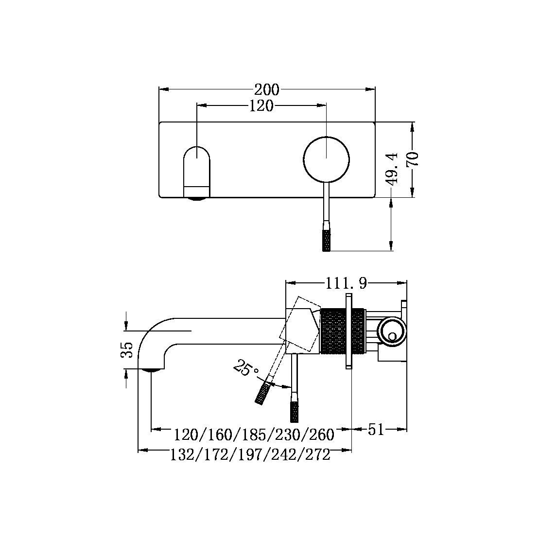 Vòi chậu lavabo gắn tường dài 120mm bằng đồng Lapone - RN251907a120