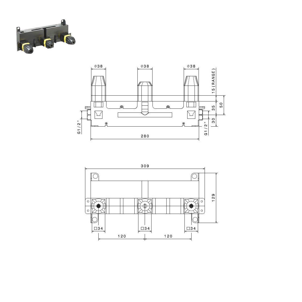  Vòi chậu rửa mặt ba lỗ gắn tường dài 230mm Blink - 70922E 