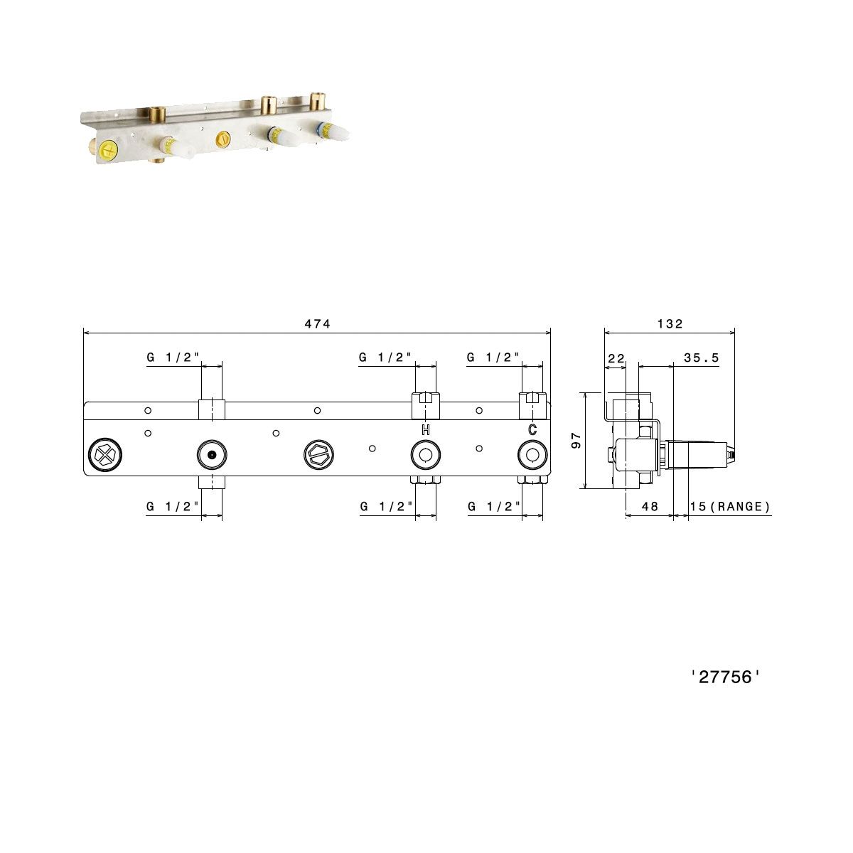  Vòi bồn tắm năm lỗ gắn tường bằng đồng Blink - 70873E 