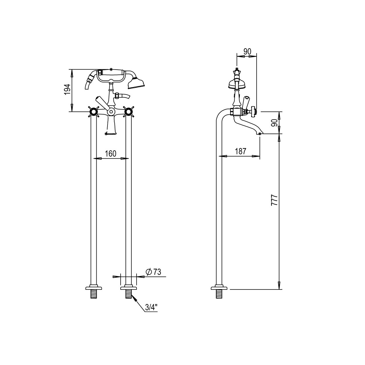  Vòi bồn tắm gắn sàn cổ điển bằng đồng Coventry - 28498 