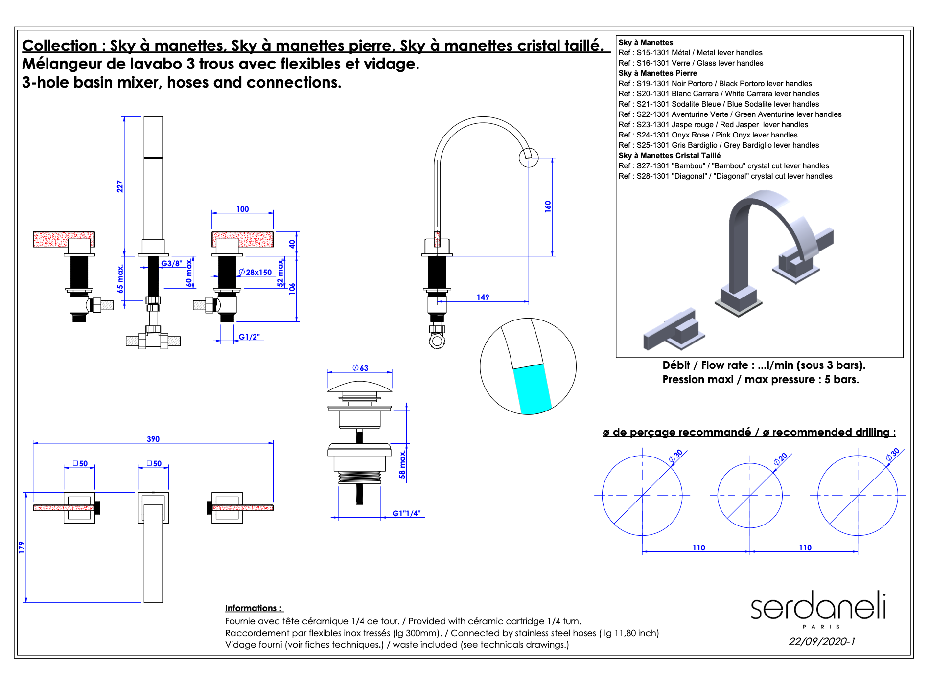  Vòi chậu rửa mặt bằng đồng Sky Pierre Blue Sodalite Lever - 1301 