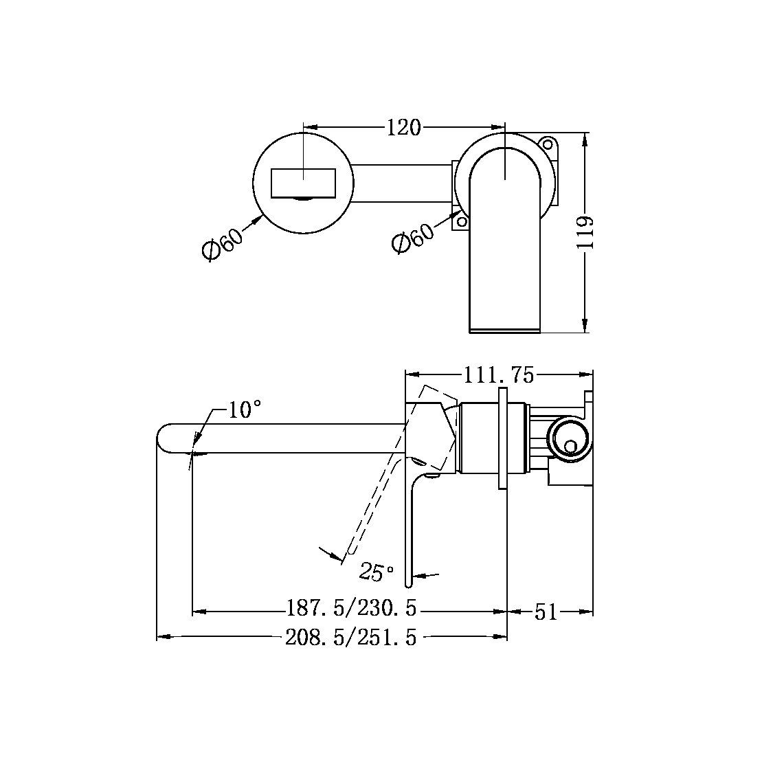Vòi chậu lavabo gắn tường dài 187mm bằng đồng Biane - RN321510e