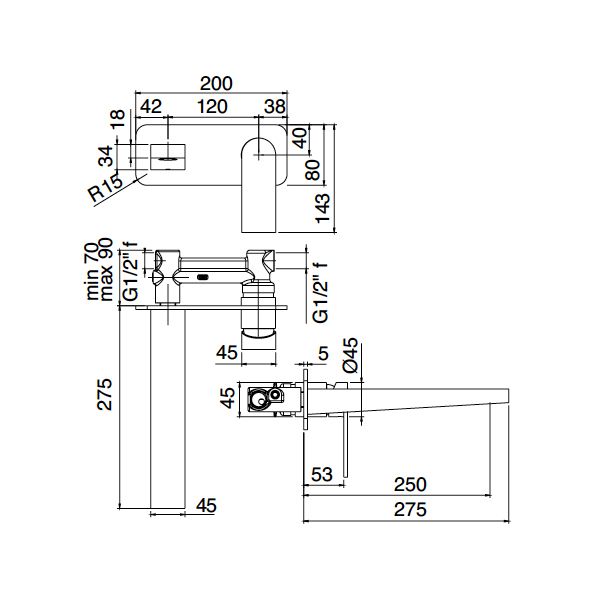  Vòi chậu rửa mặt gắn tường 275mm One Hundred bằng đồng - 3600MLI040 