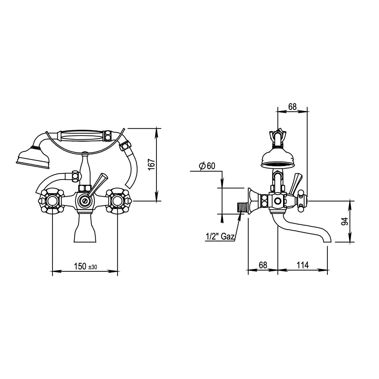  Vòi bồn tắm gắn tường cổ điển bằng đồng Ascott - 65414 