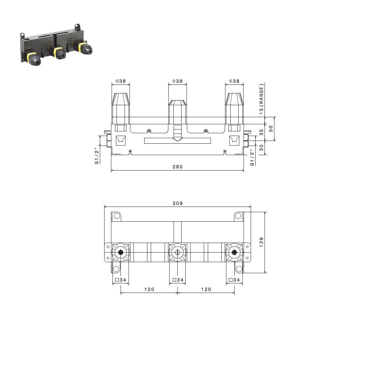  Vòi chậu rửa mặt ba lỗ gắn tường dài 230mm Blink - 70923E 