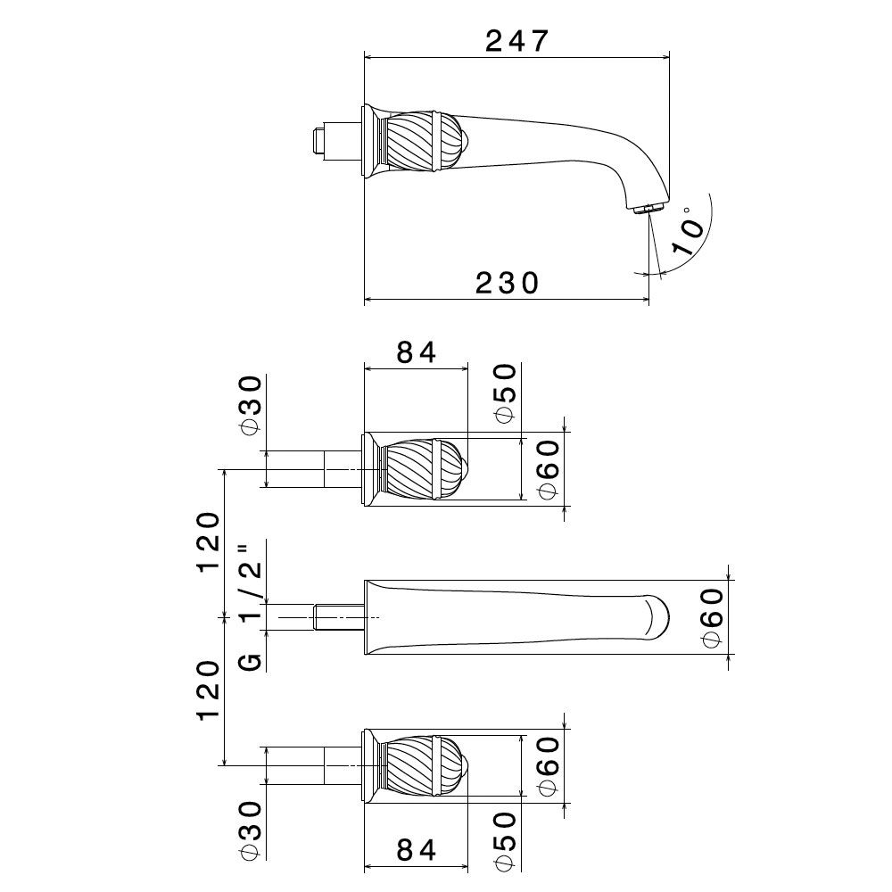  Vòi chậu rửa mặt ba lỗ gắn tường cổ điển bằng đồng Deluxe - 68030E 