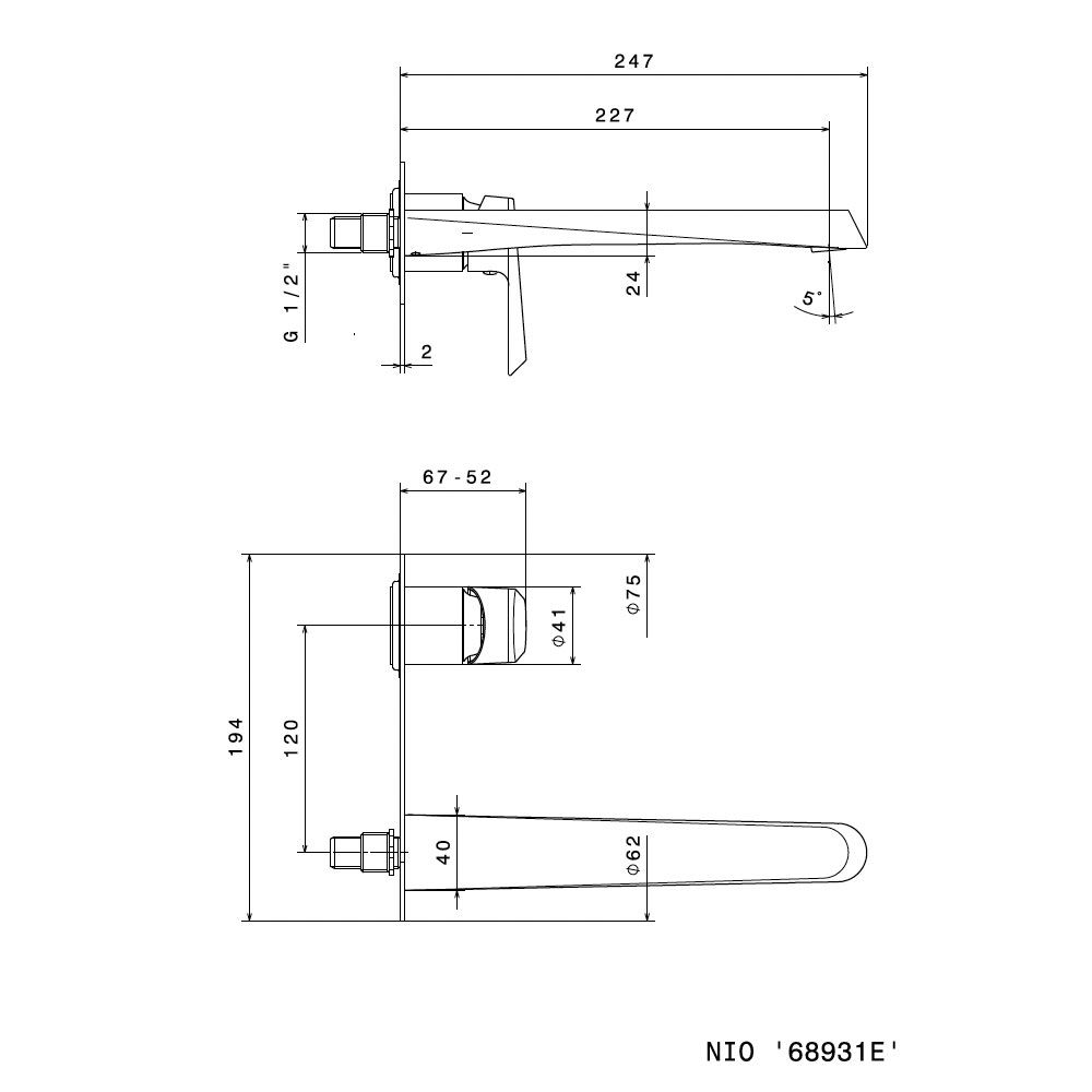  Vòi chậu rửa mặt hai lỗ gắn tường bằng đồng Nio - 68931E 