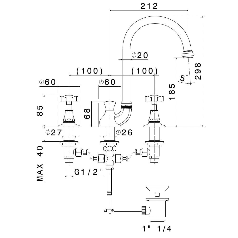  Vòi chậu rửa mặt ba lỗ cổ điển bằng đồng Daytime - 69000 