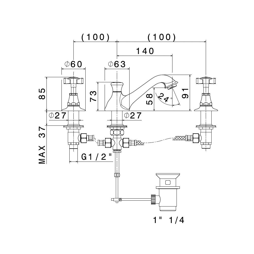  Vòi chậu rửa mặt ba lỗ cổ điển bằng đồng Daytime - 69005 