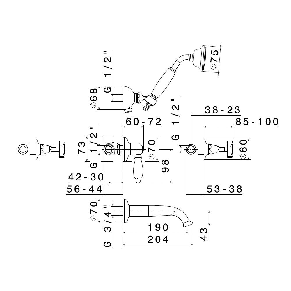  Vòi bồn tắm năm lỗ gắn tường cổ điển bằng đồng Daytime - 69045 