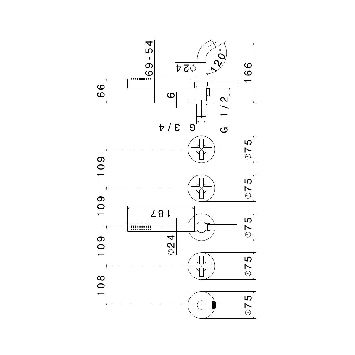  Vòi bồn tắm năm lỗ gắn tường bằng đồng Blink - 70873E 