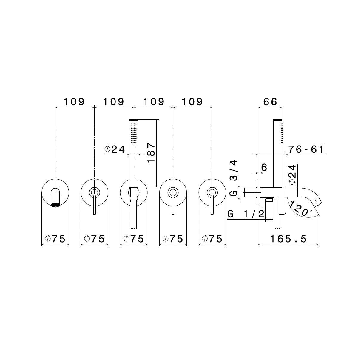  Vòi bồn tắm năm lỗ gắn tường bằng đồng Blink Chic - 71173E 