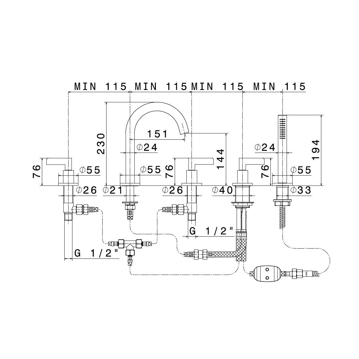  Vòi bồn tắm năm lỗ bằng đồng Blink Chic - 71082C 