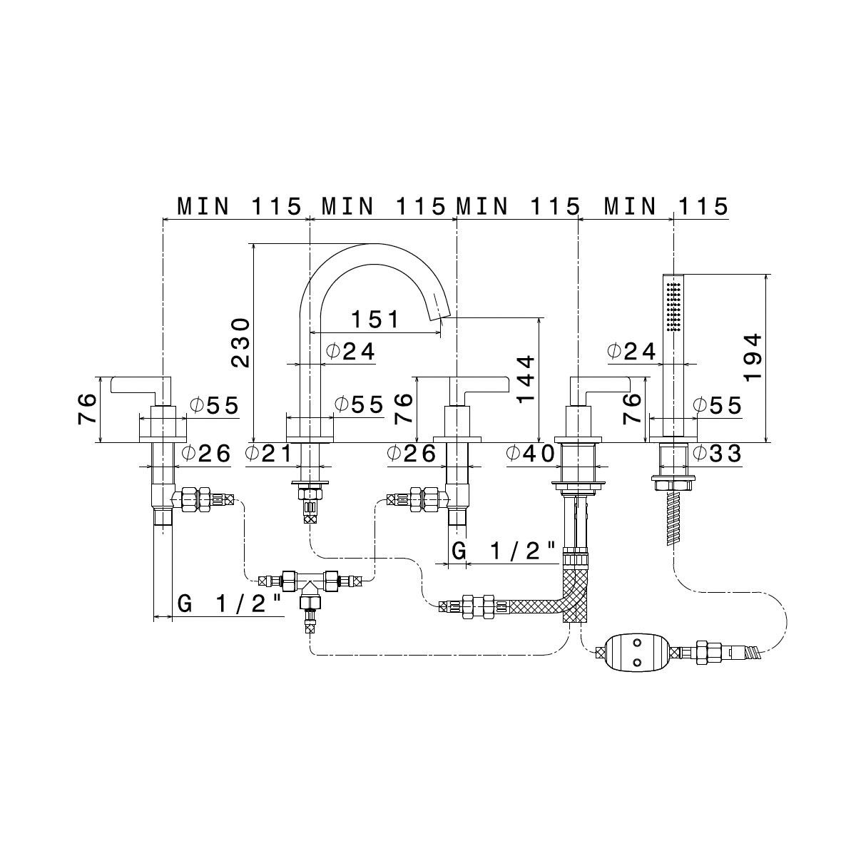  Vòi bồn tắm năm lỗ bằng đồng Blink Chic - 71182C 