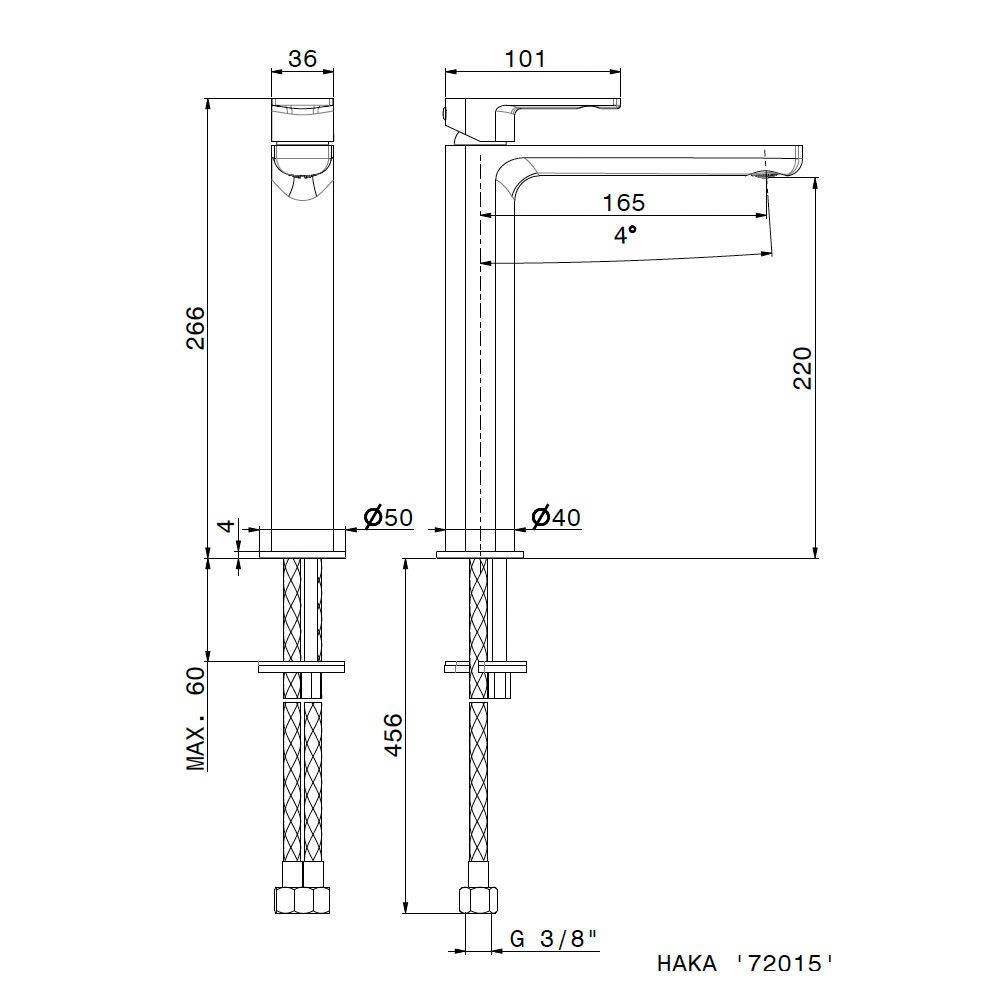  Vòi chậu rửa mặt bằng đồng cao 266mm Haka - 72015 