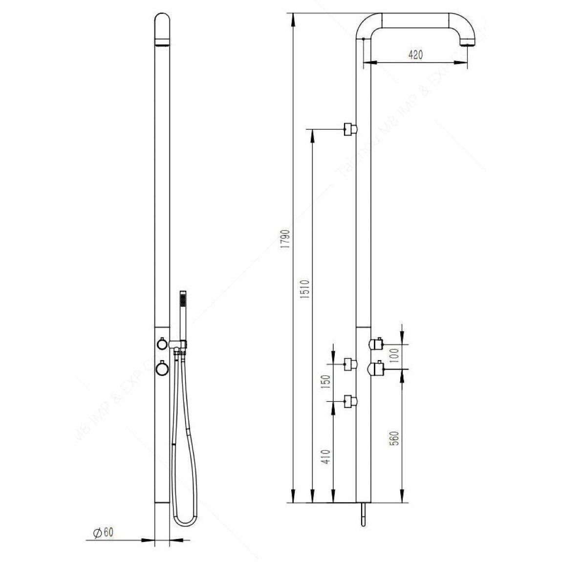 Sen cây ngoài trời gắn tường có vòi sen cầm tay bằng stainless steel 316L - A1010MB