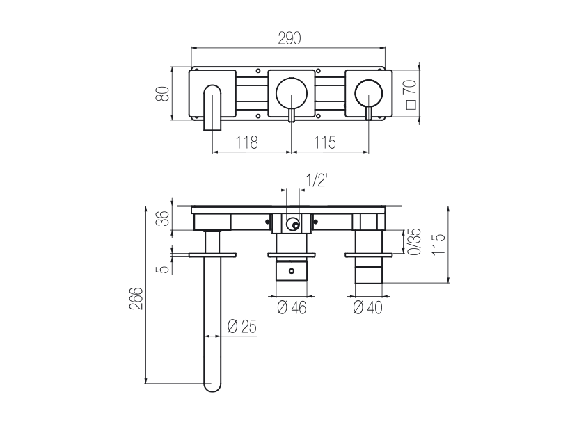  Vòi bồn tắm gắn tường 3 lỗ 3 đầu ra dài 190mm bằng stainless steel Aico - AIC88 