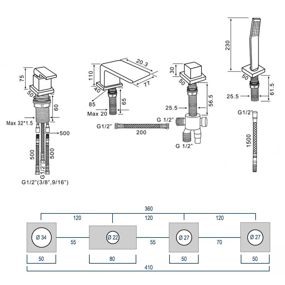 Vòi bồn tắm 4 lỗ có sen cầm tay bằng đồng XELU