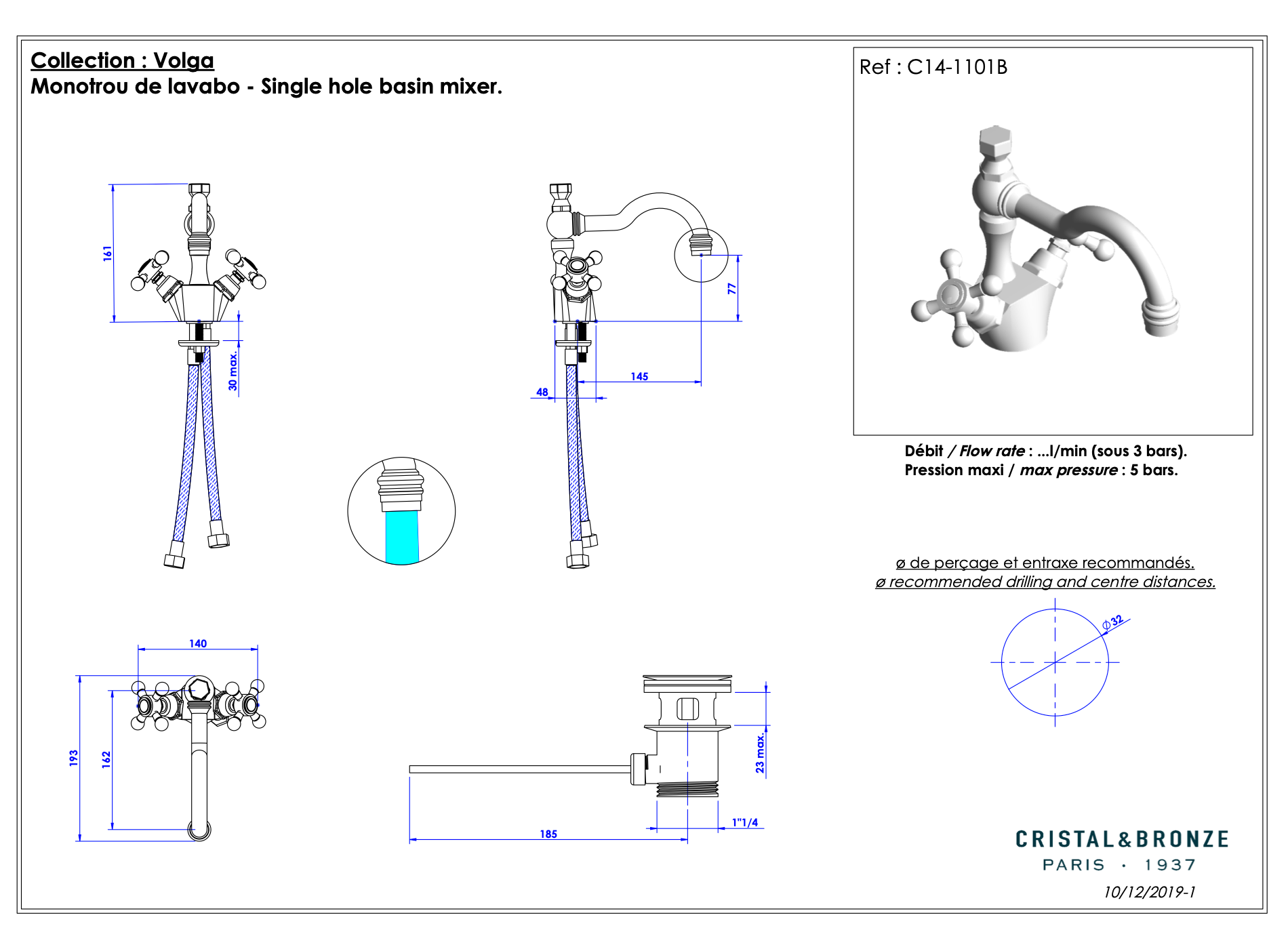  Vòi chậu rửa mặt cổ điển Volga bằng đồng - 1101B 