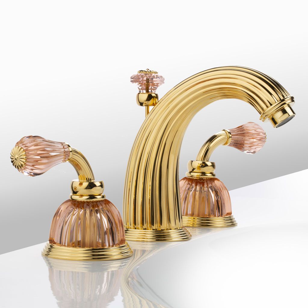  Vòi chậu rửa mặt cổ điển Dôme Manettes Cannelé Pink Crystal polished gold 