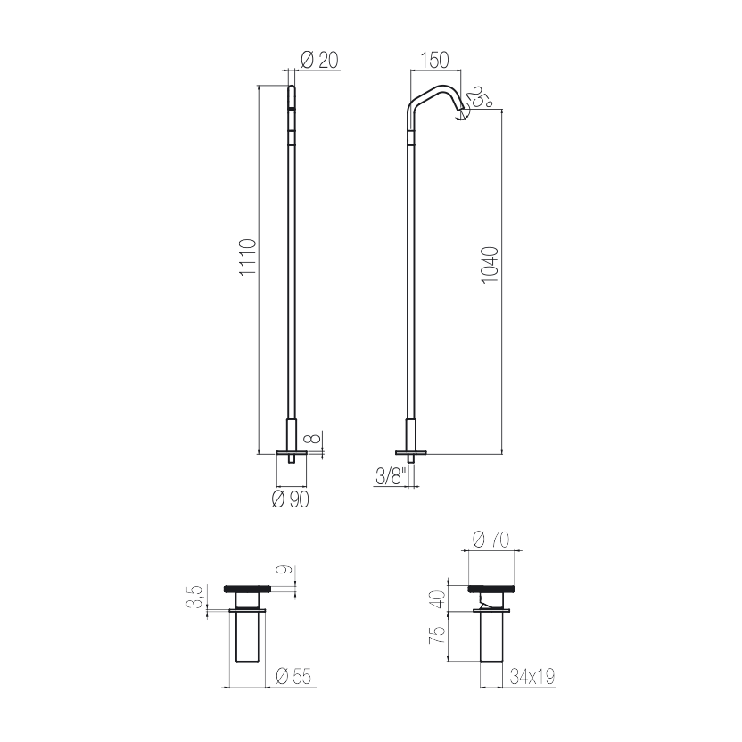  Vòi chậu lavabo chân dài gắn sàn bằng stainless steel Kàto - CHP90 