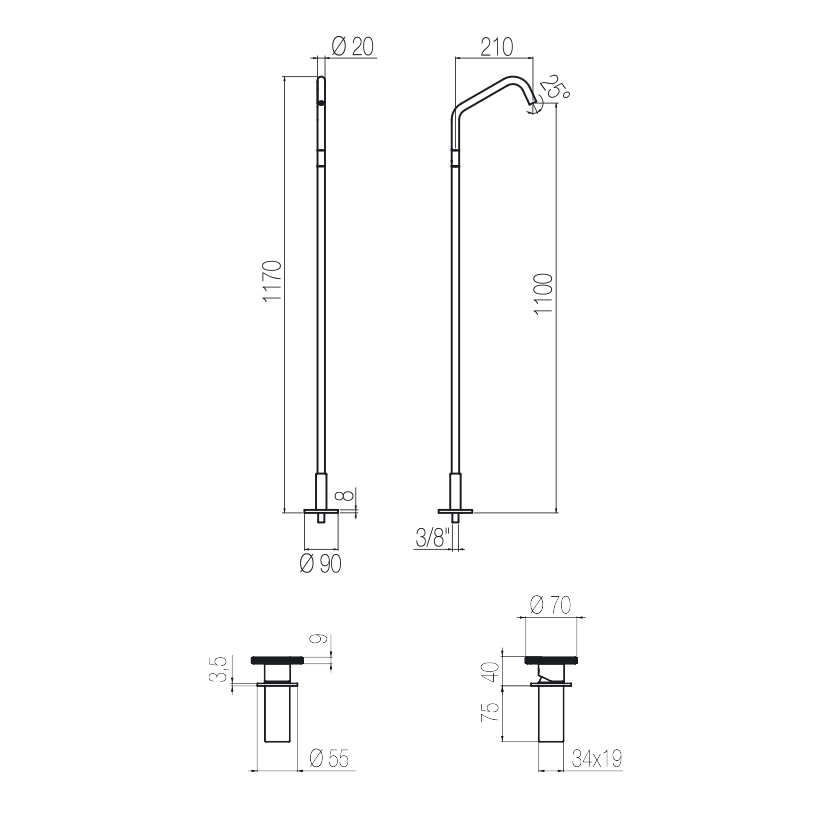 Vòi chậu lavabo chân dài gắn sàn bằng stainless steel Kàto - CHP91