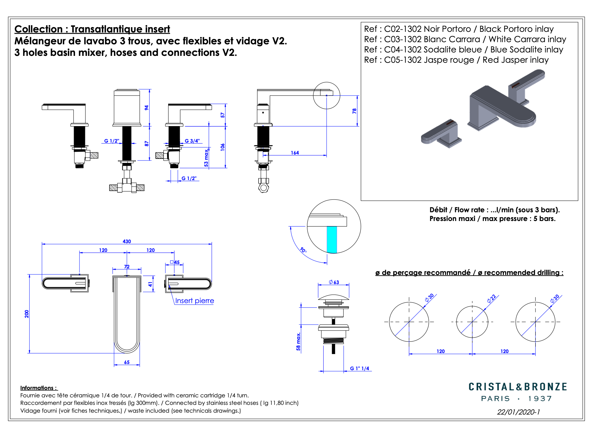  Vòi chậu rửa mặt cổ điển Transatlantique Insert bằng đồng - 1302 