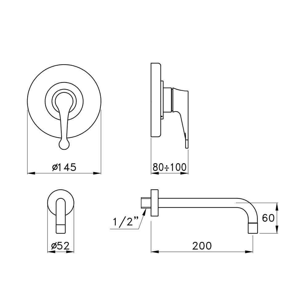 Vòi chậu lavabo gắn tường bằng đồng 130 - 3863MC