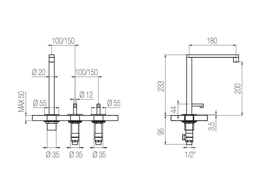Vòi bếp rửa chén 3 lỗ nóng lạnh bằng stainless steel Kira - CUK2