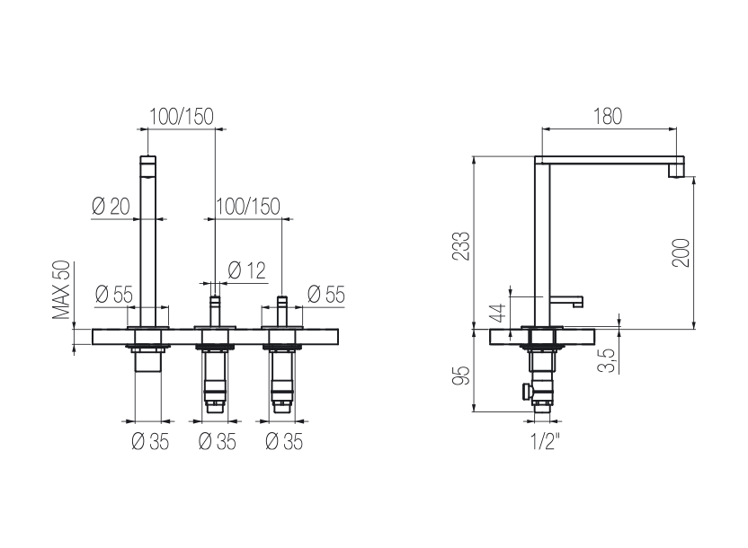  Vòi bếp rửa chén 3 lỗ nóng lạnh bằng stainless steel Kira - CUK2 