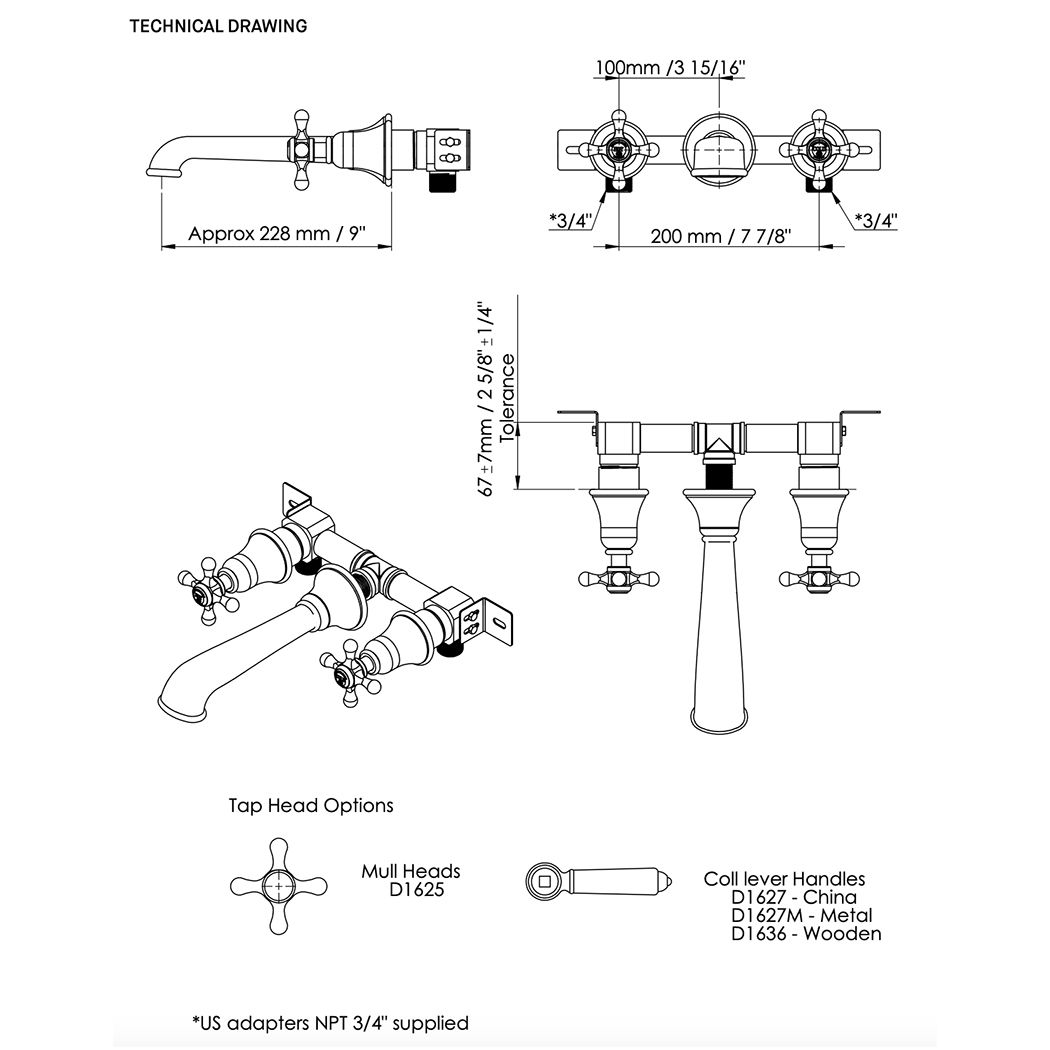  Vòi bồn tắm gắn tường cổ điển bằng đồng Drummu - D1625 