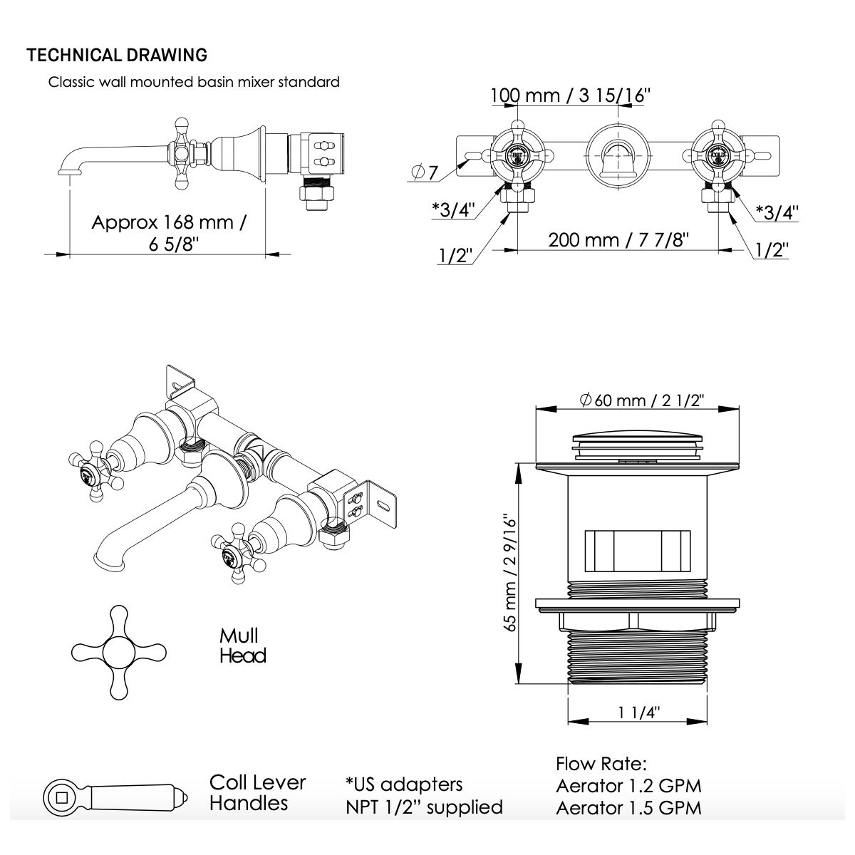  Vòi chậu rửa mặt gắn tường cổ điển bằng đồng Drummu - D1634 