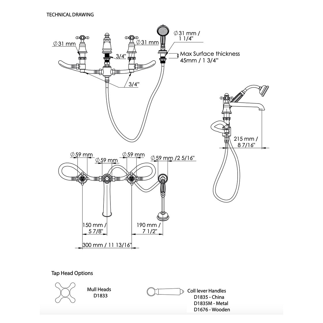  Vòi bồn tắm bốn lỗ cổ điển bằng đồng Drumcol - D1676 