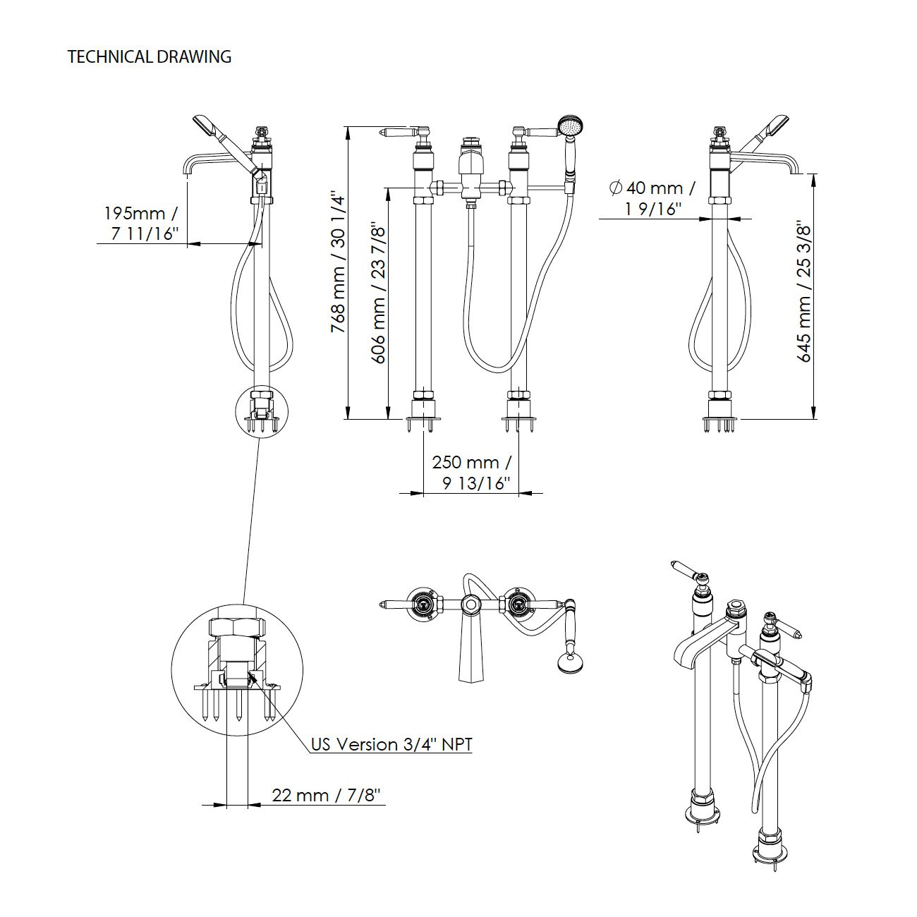  Vòi bồn tắm gắn sàn cổ điển bằng đồng Drumche - D1840 