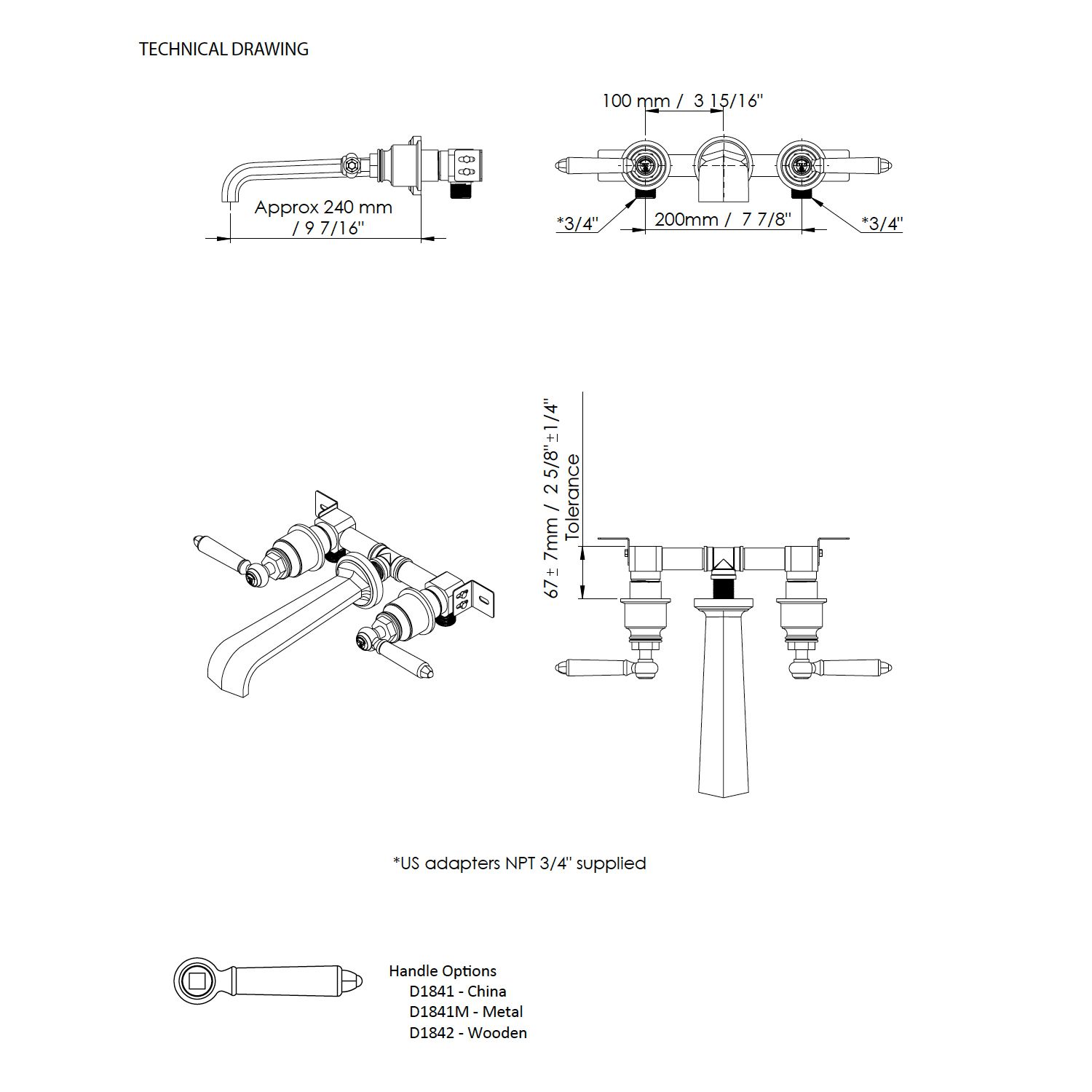  Vòi bồn tắm gắn tường cổ điển bằng đồng Drumche - D1842 