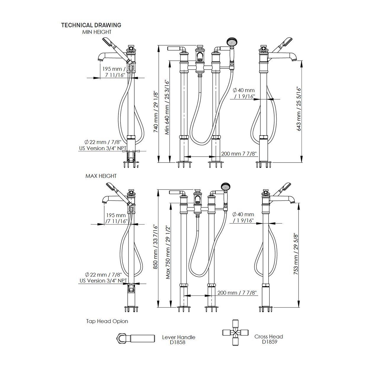  Vòi bồn tắm gắn sàn cổ điển bằng đồng Drumbel - D1858 