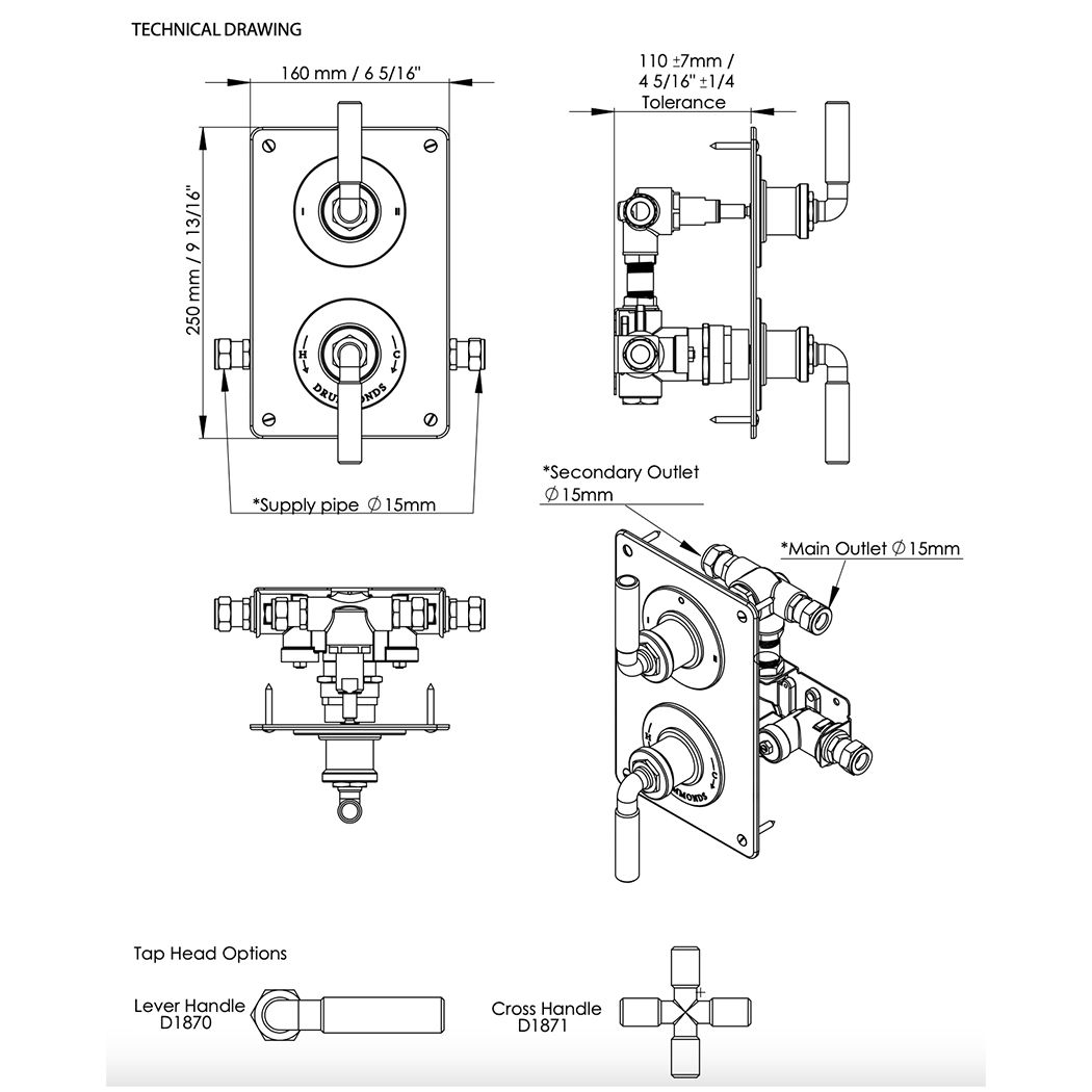  Vòi sen âm tường điều chỉnh nhiệt độ cổ điển bằng đồng, bát sen Ø300mm Drumbel - Wall Ceiling 