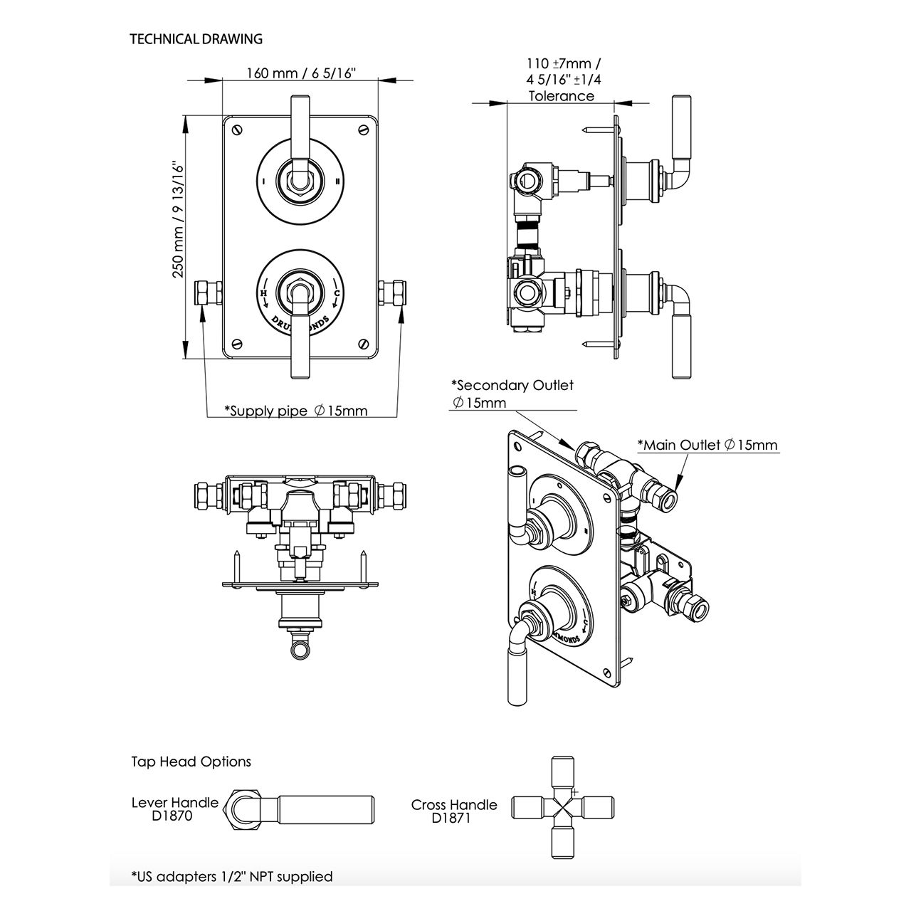  Vòi sen âm trần điều chỉnh nhiệt độ cổ điển bằng đồng, bát sen Ø300mm Drumbex - Shower Ceiling 