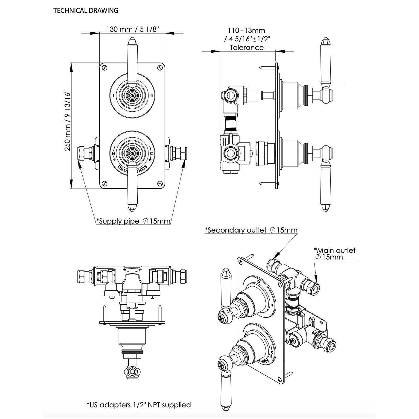  Vòi sen âm trần điều chỉnh nhiệt độ, bát sen Ø300mm cổ điển bằng đồng Drumche - Shower Ceiling 