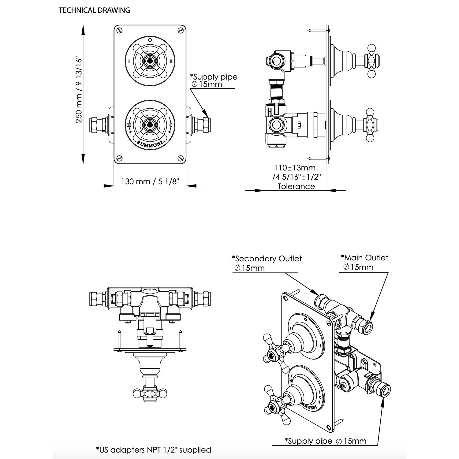  Vòi sen âm trần điều chỉnh nhiệt độ cổ điển bằng đồng, bát sen Ø300mm Drummu - Shower Ceiling 