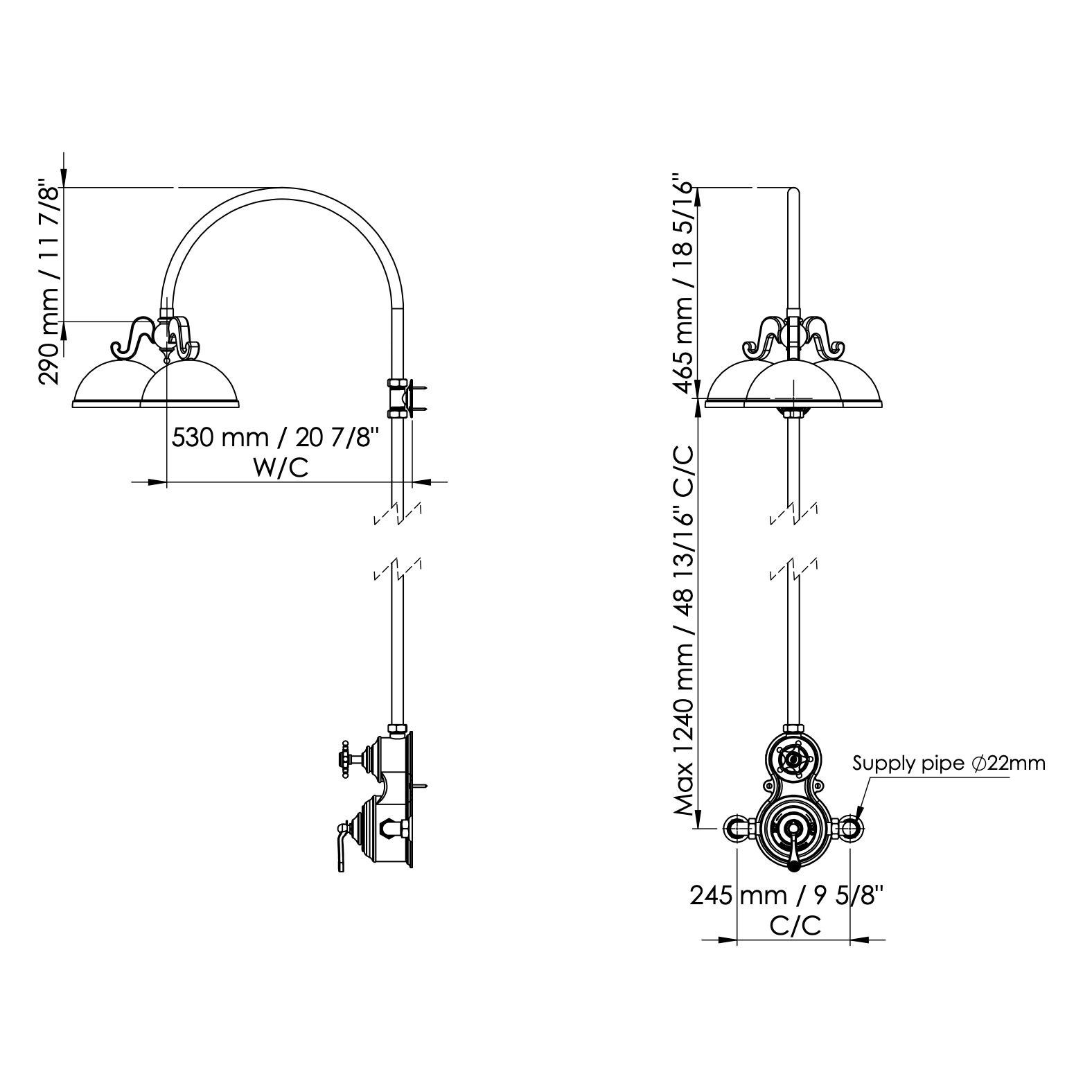  Vòi sen cây gắn tường điều chỉnh nhiệt độ cổ điển bằng đồng - Shower Shamrock 