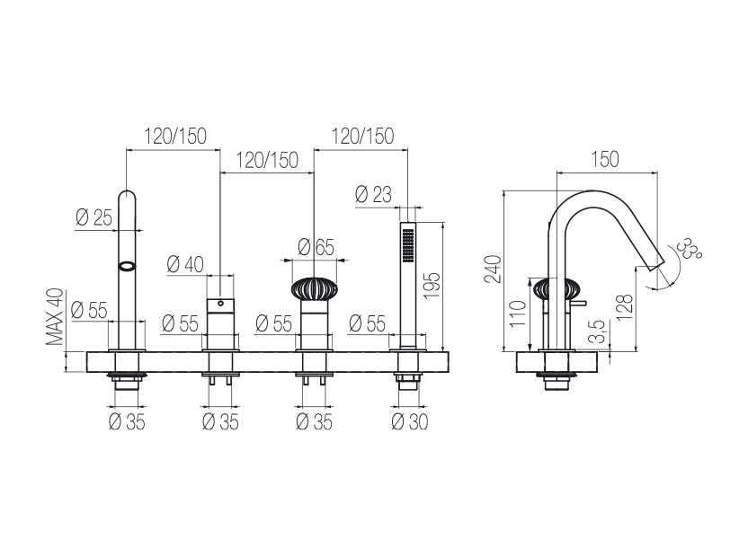  Vòi bồn tắm 4 lỗ có vòi sen cầm tay bằng stainless steel Dorin - DOR16 