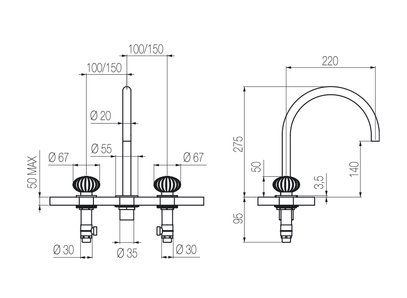 Vòi chậu lavabo xoay 3 lỗ cao 270mm bằng stainless steel Dorin - DOR23