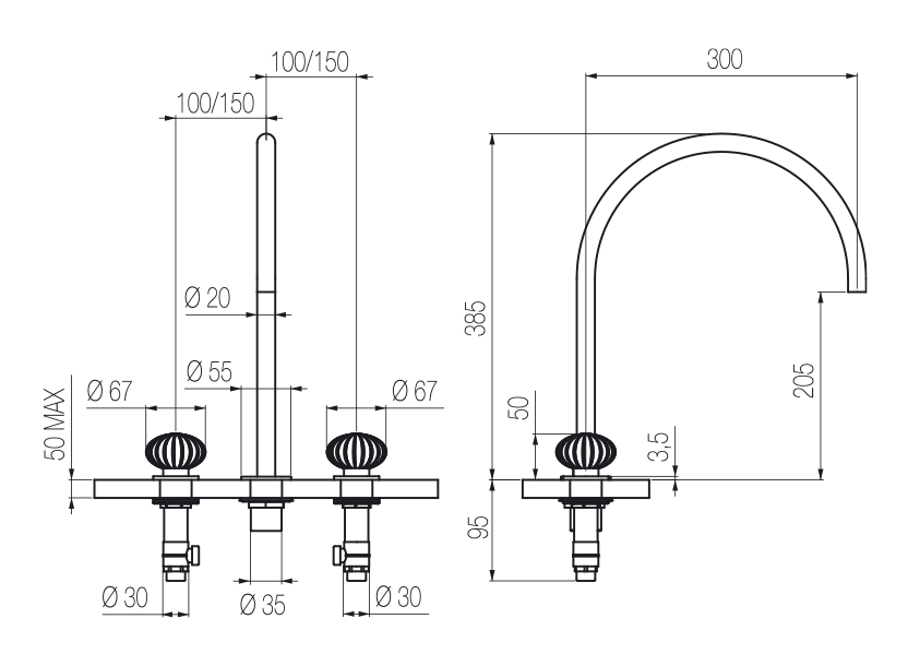 Vòi chậu lavabo xoay 3 lỗ cao 380mm bằng stainless steel Dorin - DOR24