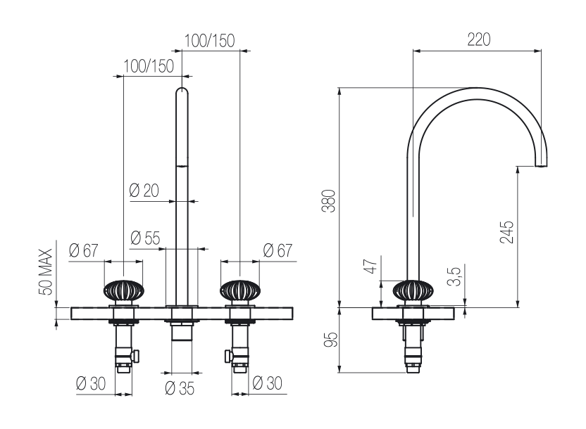  Vòi chậu lavabo xoay 3 lỗ cao 380mm bằng stainless steel Dorin - DOR26 