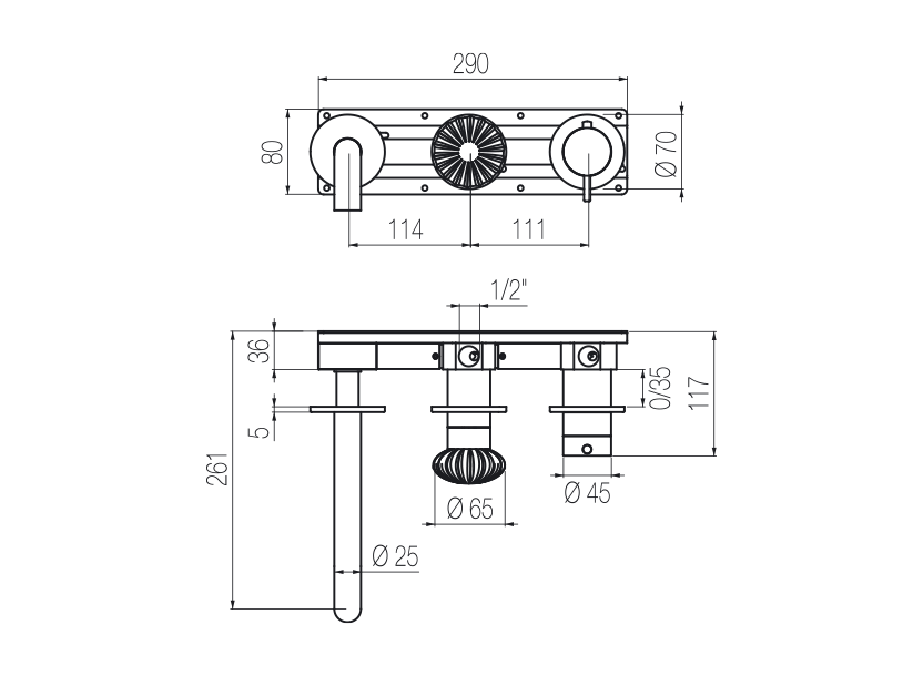  Vòi bồn tắm gắn tường điều chỉnh nhiệt độ 3 lỗ dài 190mm 2 đầu ra bằng stainless steel Dorin - DOR84 