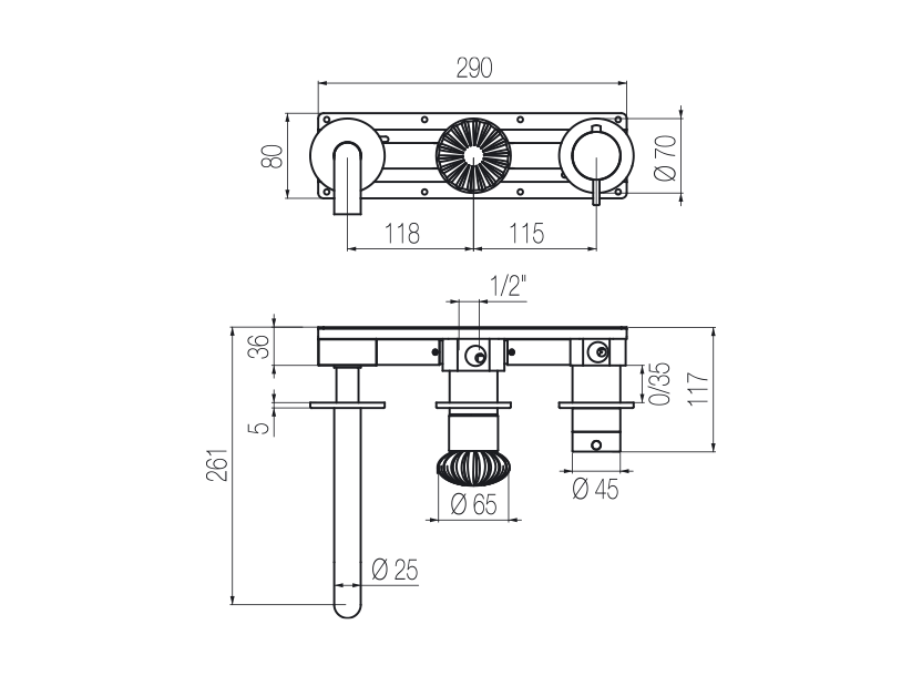  Vòi bồn tắm gắn tường điều chỉnh nhiệt độ 3 lỗ dài 190mm 3 đầu ra bằng stainless steel Dorin - DOR90 